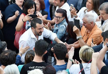 Matteo Salvini, ministro dell'Interno durante l'incontro pubblico per sostenere la candidatura di Stefano Sertoli sindaco di Ivrea, Torino, 15 giugno 2018 © ANSA