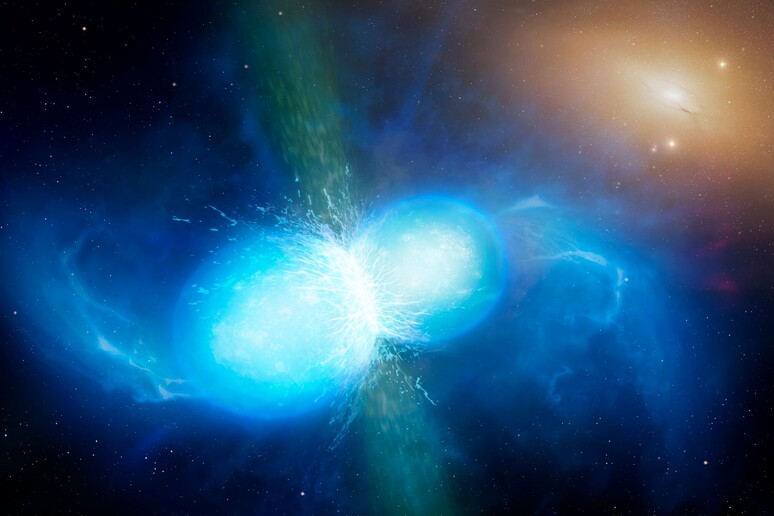 Rappresentazione artistica della collisione di due stelle di neutroni (fonte: University of Warwick/Mark Garlick) - RIPRODUZIONE RISERVATA