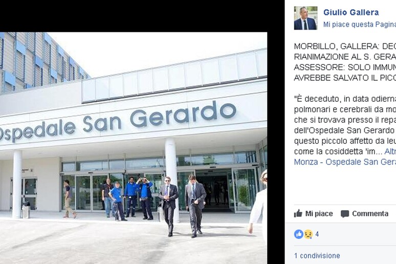 Il profilo Facebook di Giulio Gallera dove annuncia la morte di bimbo di 6 anni per complicanze da morbillo - RIPRODUZIONE RISERVATA